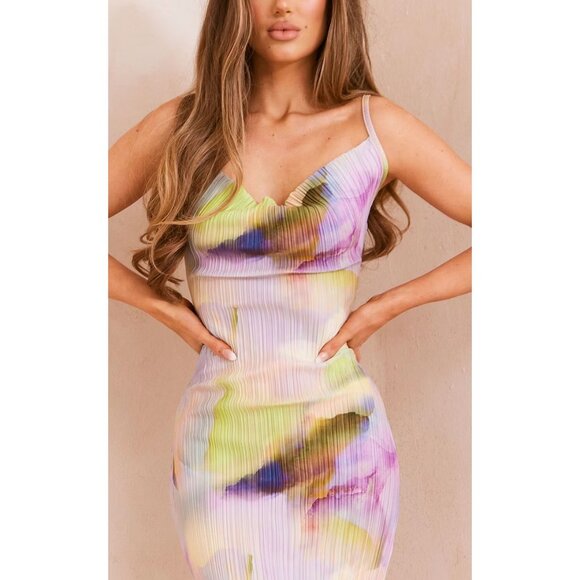 PrettyLittleThing Womens Watercolour Plissé Maxi Dress Multi Pastel Size 4 Cowl - Picture 3 of 8